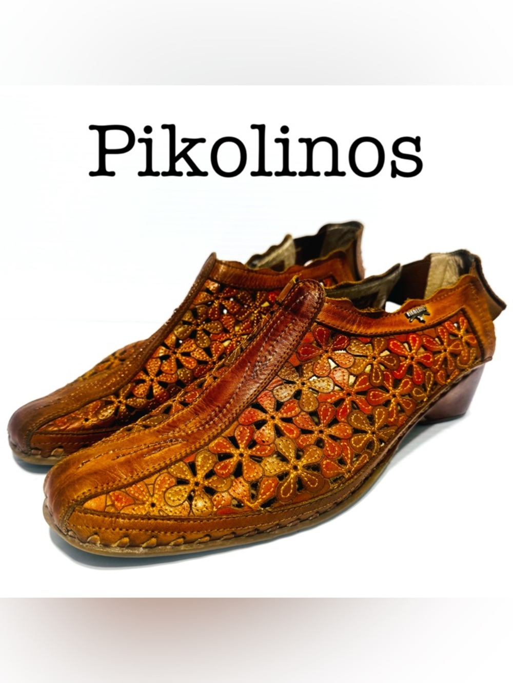 PIKOLINOS Multitone Leather Floral Cutout Slip-Ons in Brown and Tan Size 39